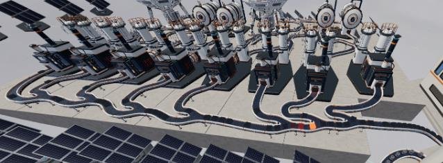 Moon Sweepers factory with 8 stone presses fully loading a conveyor belt.