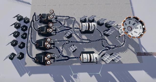 Moon Sweepers factory setup showing export conveyor connections and solar panels powering the machines.