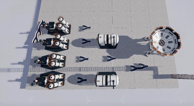 Moon Sweepers half size factory layout showing splitters, stone presses, compression chambers, combiners, and capsule catchers.